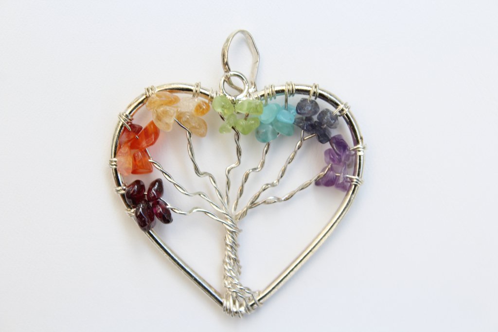 7 Chakra Tree of Life in Wire Wrapped Heart Shape Healing Gemstone Crystal Pendant